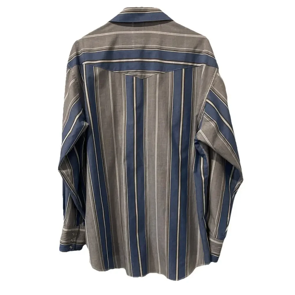 Wrangler Western Shirt Mens L-16.5-Blue Gray Pearl Snap Cowboy 90s-X Long-Vntg - Picture 3 of 11